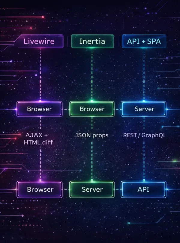 Request lifecycle comparison — how Livewire, Inertia, and SPA handle user interactions differently